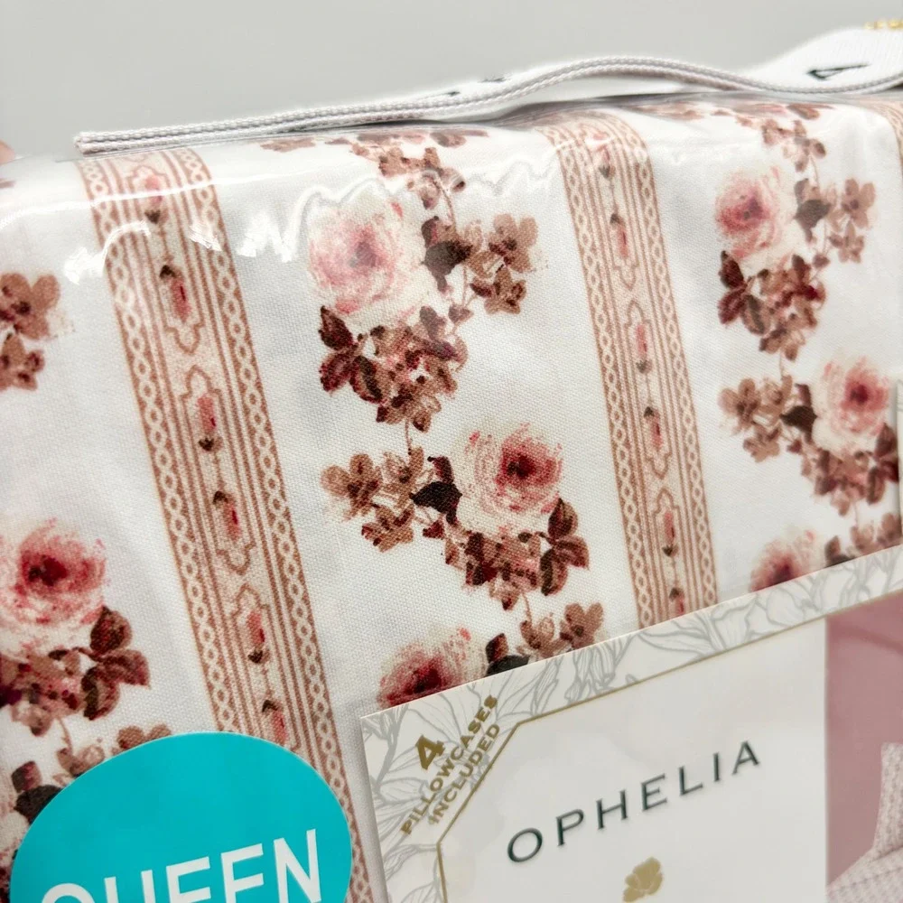 Ophelia Queen 6 Piece Sheet Set Floral Rose Stripe Pink Mauve Cottagecore NEW